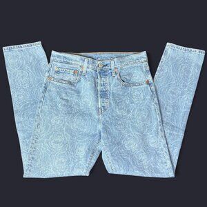 Levi's 501 skinny floral rose print blue cropped jeans 27"x28" water-less denim